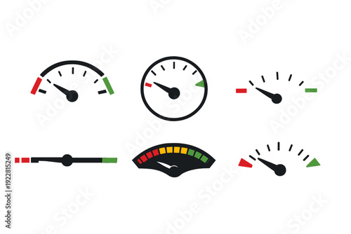 Six minimalist gauge and speedometer icons displayed on a dark background. The set includes various designs with needles and color-coded scales in red, yellow, and green.