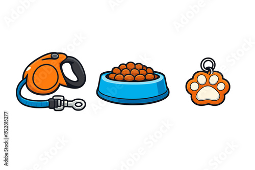 A collection of pet care items including an orange retractable leash, a blue bowl filled with dry food, and a paw-shaped identification tag on a solid black background.