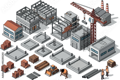 Construction site illustration showing various stages of building development with workers and machinery