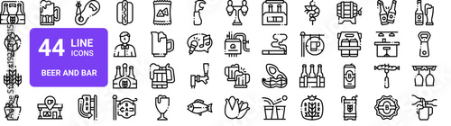 Set of 44 thin line beer and bar icons. Includes bottle, glass, hop, wheat, tap, barrel, pub, snacks. Outline vector illustration pack