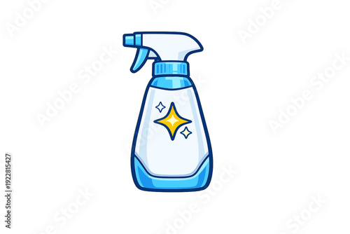 This cartoon illustration shows a blue and white cleaning spray bottle with a trigger nozzle and yellow sparkle icons on the label, isolated against a solid black background.