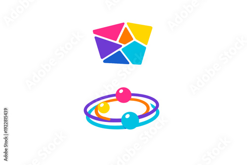 A set of two colorful abstract logos on a black background. One is a multi-colored geometric polygon, and the other features three spheres orbiting on concentric rings.