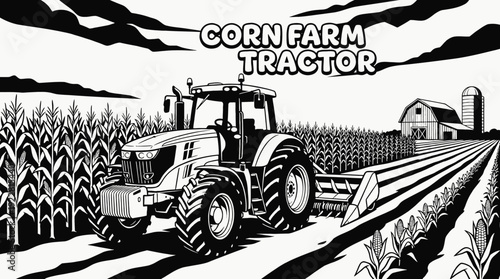 large tractor agriculture farm field machinery rural harvest corn crop landscape equipment industry farmland design vector illustration