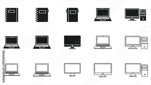 Computer & Laptop Devices Vector Icon Set – Solid & Line Styles