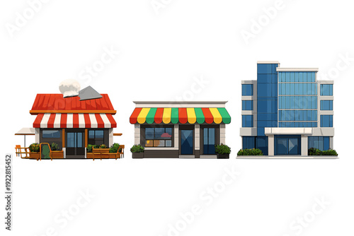 A set of three 3D commercial buildings including a restaurant with a chef hat, a colorful retail shop, and a blue office tower, all isolated on a solid black background.