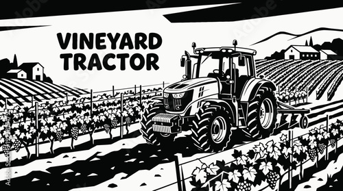 tractor farm vineyard field machinery rural harvest grape crop landscape equipment industry design black and white vector illustration