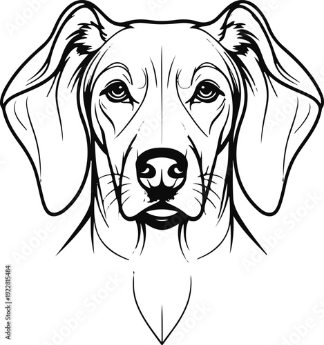 Pure black and white vector illustration of front-facing dog head with floppy ears, clean symmetrical line art 2