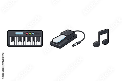 A digital illustration featuring a small electronic keyboard, a sustain pedal with a connector cable, and a musical note icon, all set against a solid black background.