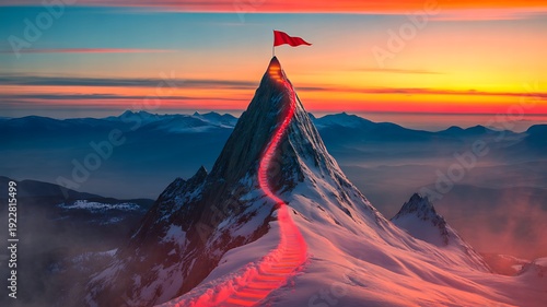 Mountain peak with red flag at sunset symbolizing leadership and achievement