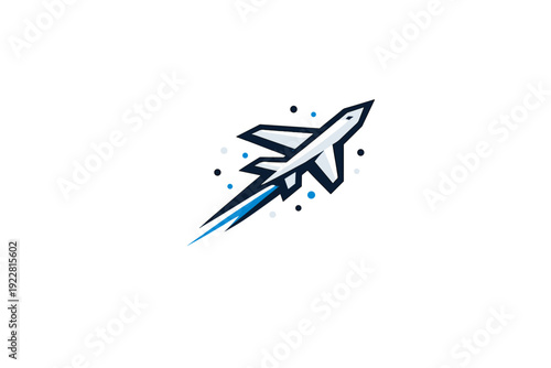 A stylized vector illustration of a modern airplane flying upwards against a dark background, featuring blue and white accents with circular elements and a motion trail.