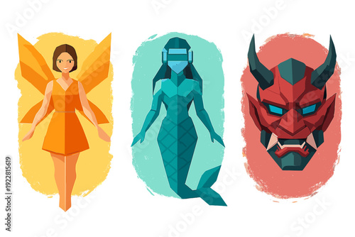 A digital illustration featuring three stylized characters: a winged fairy in orange, a futuristic teal mermaid with a headset, and a red demonic mask with horns on a black background.