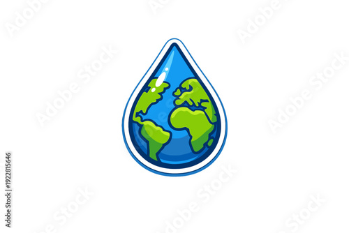A vibrant illustration of a blue water drop containing a green map of the Earth's continents, symbolizing global water conservation and environmental protection on a black background.