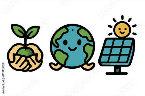 Three stylized environmental icons including hands cradling a young plant, a cheerful cartoon Earth, and a solar panel under a smiling sun, set against a solid black background.