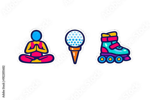 A collection of three colorful stickers featuring a person in a yoga pose, a golf ball on a tee, and an inline skate, all set against a solid black background with white borders.