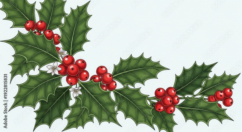 Obraz premium Decorative sprig of holly with red berries and green leaves on white background