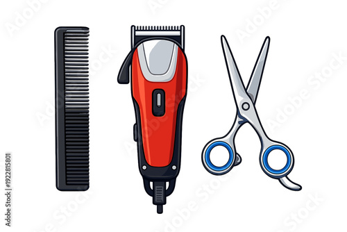 An illustration of professional barber tools including a black comb, a red electric hair clipper, and silver scissors with blue accents, all set against a solid black background.