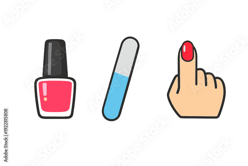 A vector illustration featuring a bottle of red nail polish, a blue and white nail file, and a hand with a red painted fingernail, all set against a solid black background.