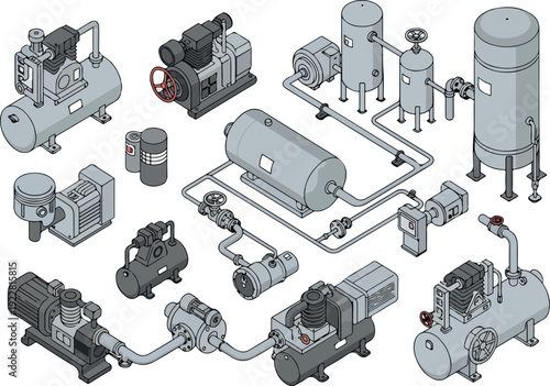 Industrial machinery and equipment components arranged in a comprehensive diagram illustrating mechanical systems and pneumatic connections