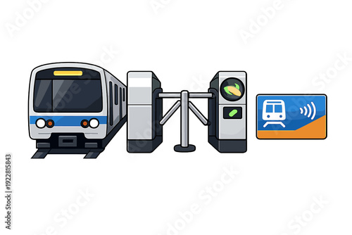 A clean graphic illustration featuring a modern white and blue subway train, a mechanical turnstile gate, and a contactless smart card for public transit access on a dark background.
