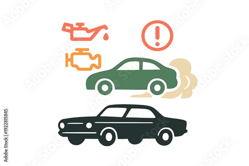 Illustration featuring automotive dashboard symbols including an oil can, check engine light, and warning sign alongside a green car emitting smoke and a black car silhouette.