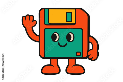 A retro cartoon character designed as a colorful floppy disk with a smiling face and orange limbs, waving one hand against a solid black background in a flat vintage style.