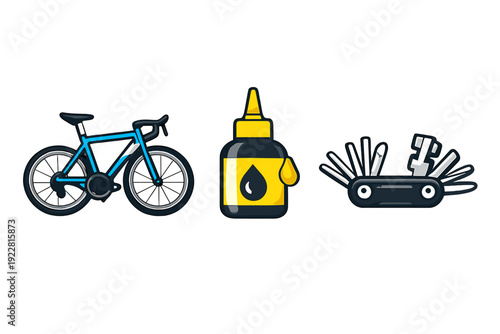 A flat illustration featuring a blue road bicycle, a bottle of chain lubricant, and a cycling multi-tool set against a dark background for maintenance concepts.