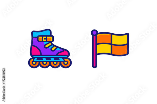 This graphic shows a stylized purple and pink inline skate next to a checkered flag with orange and yellow squares. Both icons are designed in a modern, colorful vector style.