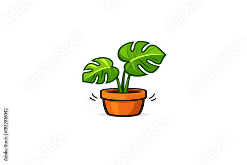 A cartoon illustration of a green monstera plant with two large leaves growing in a terracotta clay pot, isolated against a solid black background with simple graphic details.