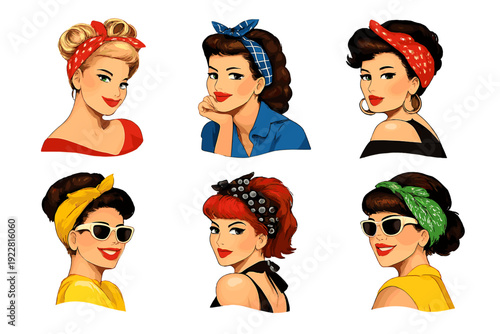 Six stylized portraits of women in a classic 1950s pin-up aesthetic, showcasing various hair colors, retro headbands, and bold red lipstick on a dark background.