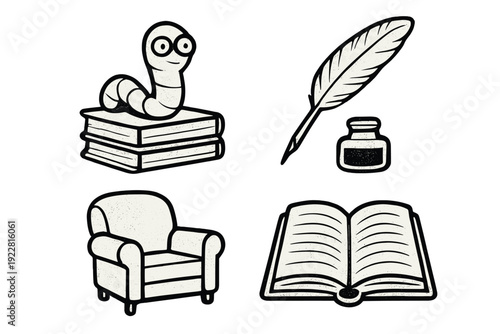 A minimalist graphic collection featuring a bookworm mascot on a stack of books, a quill with an inkwell, a comfortable armchair, and an open book in a black and white style.