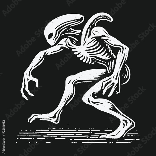 Alien Creature Illustration: Extraterrestrial Being in White on Black.