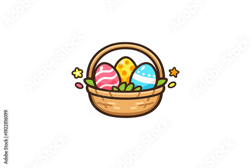 A colorful cartoon illustration of a woven Easter basket containing three decorated eggs in pink, yellow, and blue, set against a solid black background with small decorative elements.