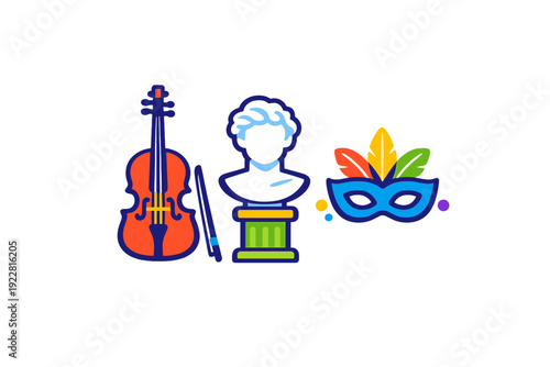 A colorful illustration featuring a violin with its bow, a classical bust on a pedestal, and a feathered masquerade mask, representing various forms of art and culture on a black background.