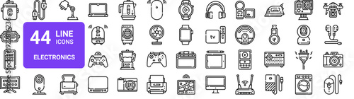 Set of 44 thin line electronics and home appliances icons. Smartphone, VR glasses, rice cooker, drone, laptop, kitchen gadgets. Vector outline illustration