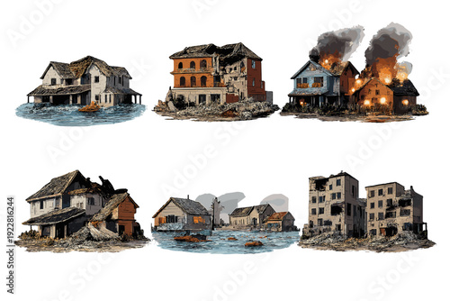 Six isolated illustrations depicting different types of property destruction such as flooding, fire, and structural collapse, showing damaged homes and ruined urban buildings.
