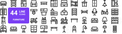 Set of 44 thin line furniture icons. Sofa, wardrobe, bed, table, chair, lamp collection. Vector outline web illustration for interior design
