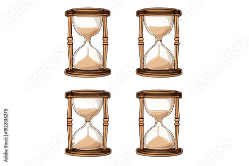 Four identical wooden hourglasses with sand flowing inside are arranged in a symmetrical two-by-two grid against a solid black background. This digital illustration depicts time.