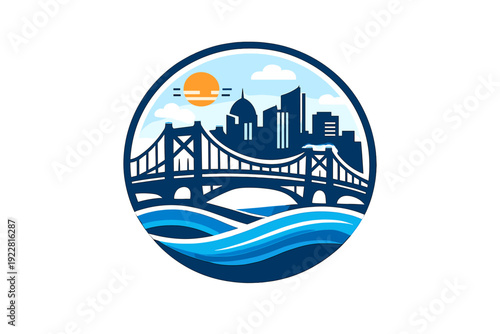 A circular graphic illustration featuring a dark blue suspension bridge over stylized ocean waves with a city skyline and an orange sun in the background under a light blue sky.