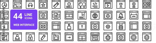 Set of 44 thin line web interface icons including browser, graph, webpage, dashboard, coding, server, video player elements. Vector outline collection