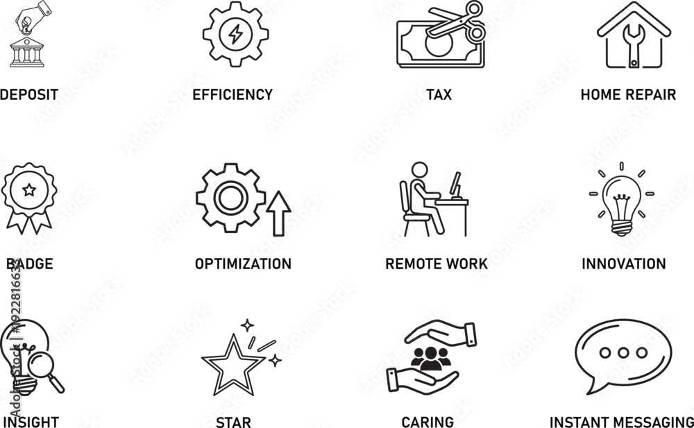 Naklejka premium Set of Thin Line Business Icons Including Deposit, Optimization, Remote Work, Innovation, Tax, Home Repair, Insight, and Instant Messaging Symbols