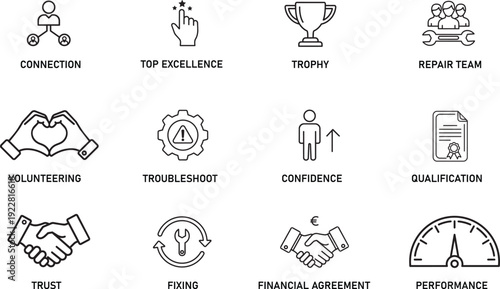 Vector Business Icon Set with Symbols for Connection, Performance, Financial Agreement, Troubleshooting, Trust, Volunteering, and Repair Team
