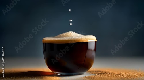 Rich dark coffee with frothy foam overflowing from a glass cup