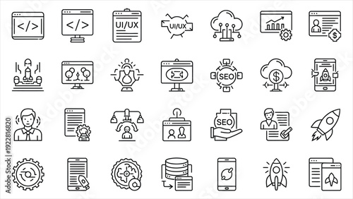 Monochrome Web Development Vector Line Icon Set – Editable Stroke