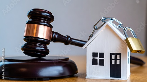 Judge gavel with house model and padlock symbolizing property law and security