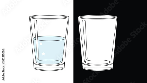 Visual representation of optimism and pessimism featuring a half-full glass of water next to an identical empty glass in contrast.