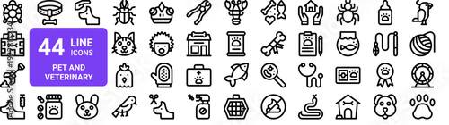 Set of 44 thin line pet care and veterinary icons including animals, supplies, grooming tools. Vector illustration with editable stroke