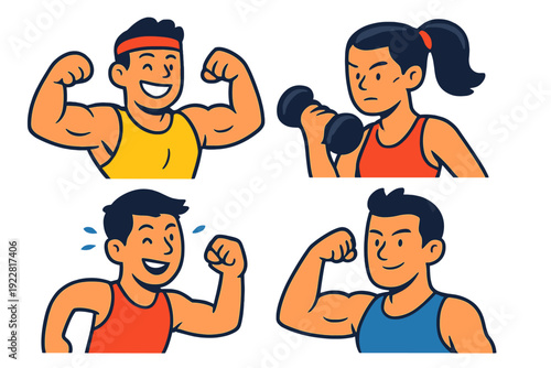 Four vibrant cartoon characters demonstrate fitness and motivation. The set includes people flexing their biceps and lifting dumbbells, featuring bold outlines and bright colors.