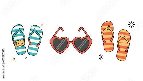 Summer holiday accessories including striped flip flops and heart shaped sunglasses icons on a clean white background for seasonal design.