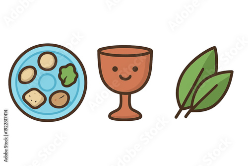 A cute cartoon icon set for Passover featuring a blue Seder plate with food items, a smiling brown kiddush cup, and two green leaves, all set against a solid black background.