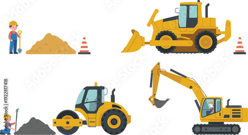 Cartoon construction workers with shovel, bulldozer, road roller, excavator, traffic cones, soil piles, industrial machinery, site preparation, earthmoving, occupational safety illustration